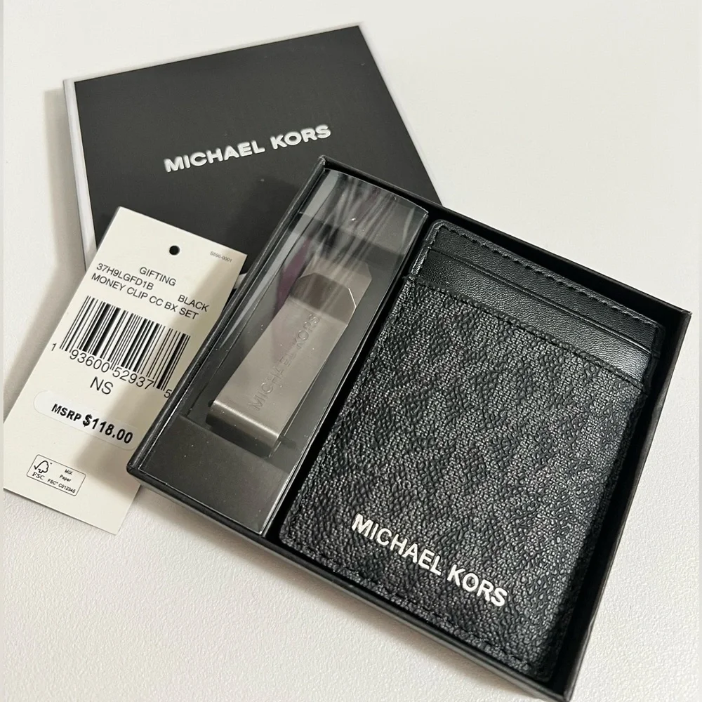 Michael Kors NIB $118 black Logo Card Case with Bill Clip Blue One Size